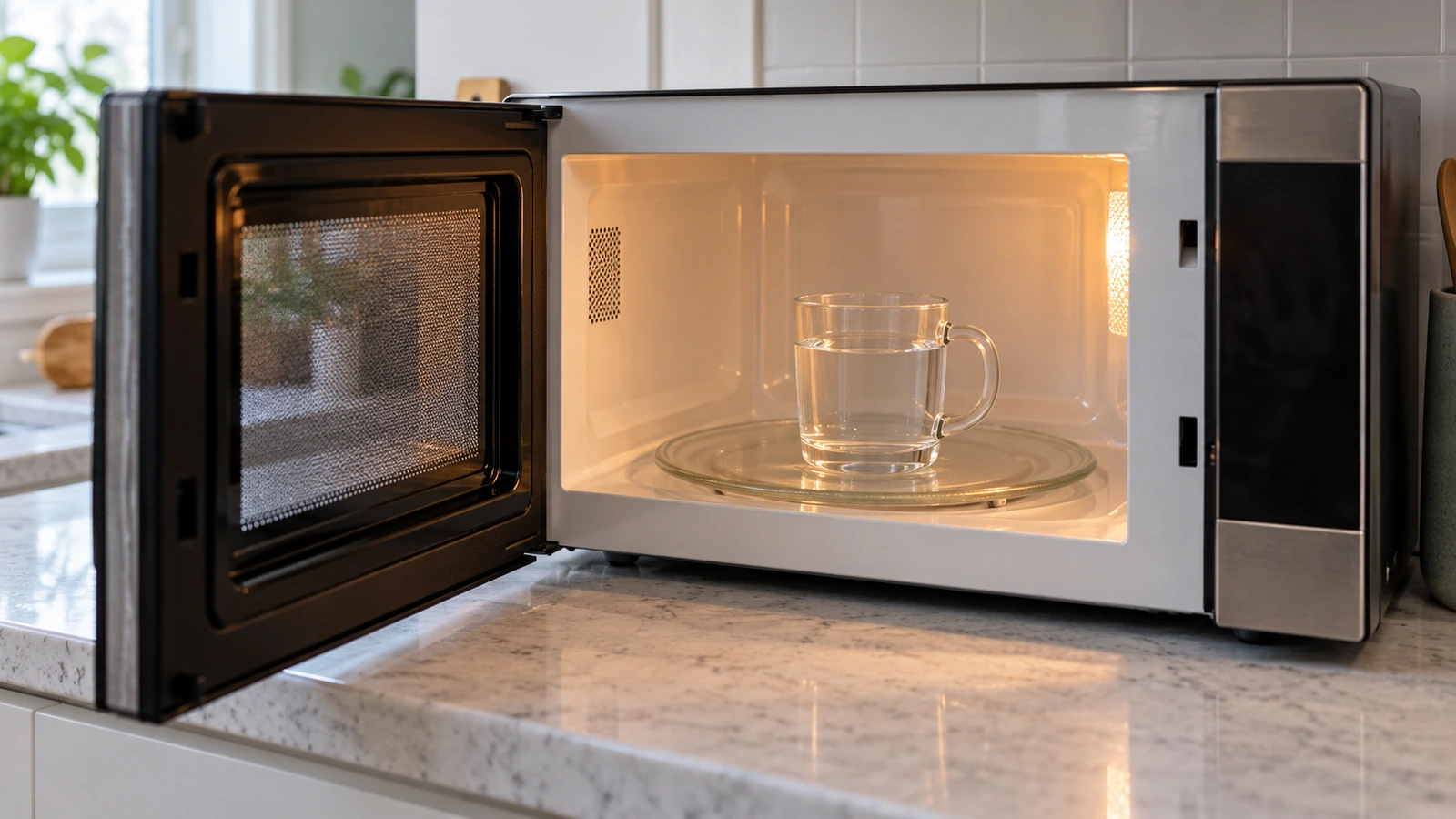 Mug of water on the turntable of an open microwave