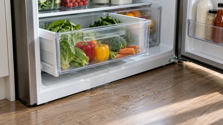 Water pooled beneath refrigerator crisper drawers