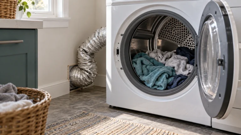 Damp clothes inside a stopped dryer with an open door