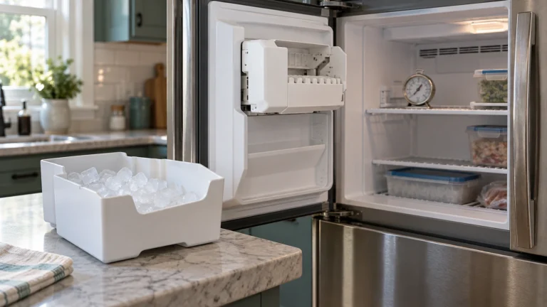Removed refrigerator ice bucket beside an open ice maker compartment