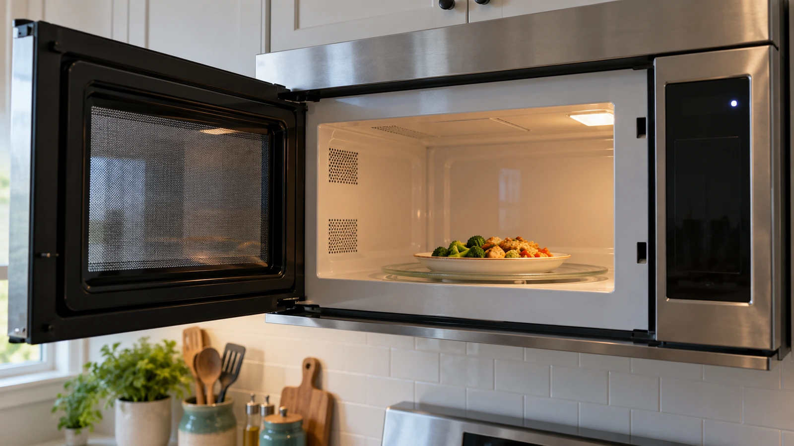 Plate of food inside an open over-the-range microwave