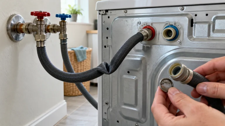Kinked washer inlet hose beside a disconnected fitting and mesh screen