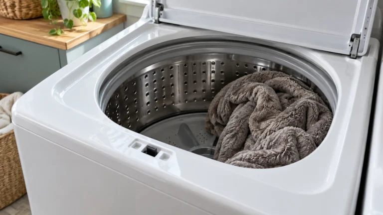 Heavy blanket bunched to one side of an open top-load washer