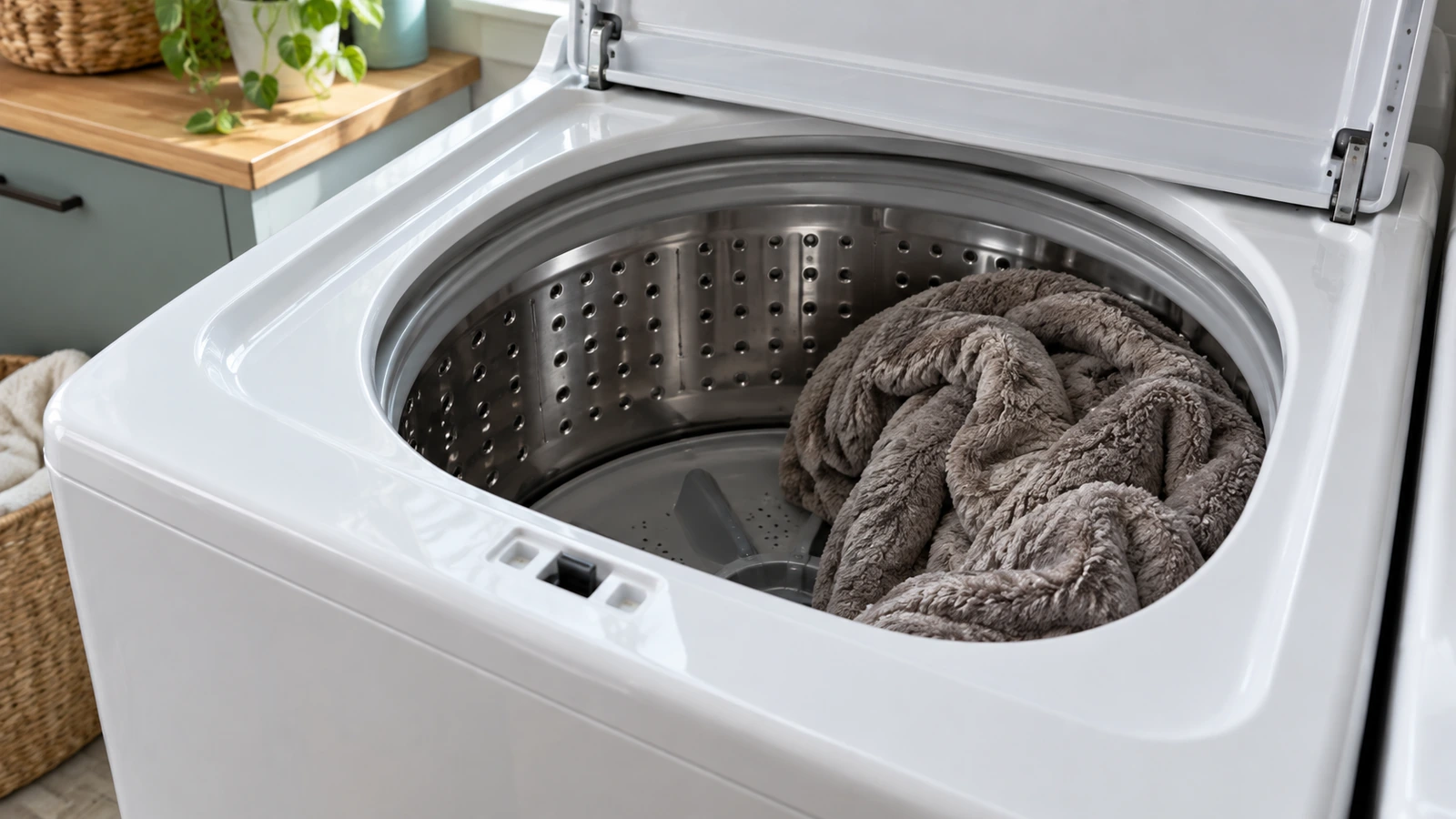 Heavy blanket bunched to one side of an open top-load washer