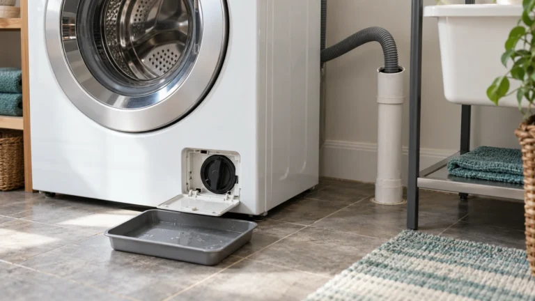 Washer drain hose in a standpipe with the pump filter flap open