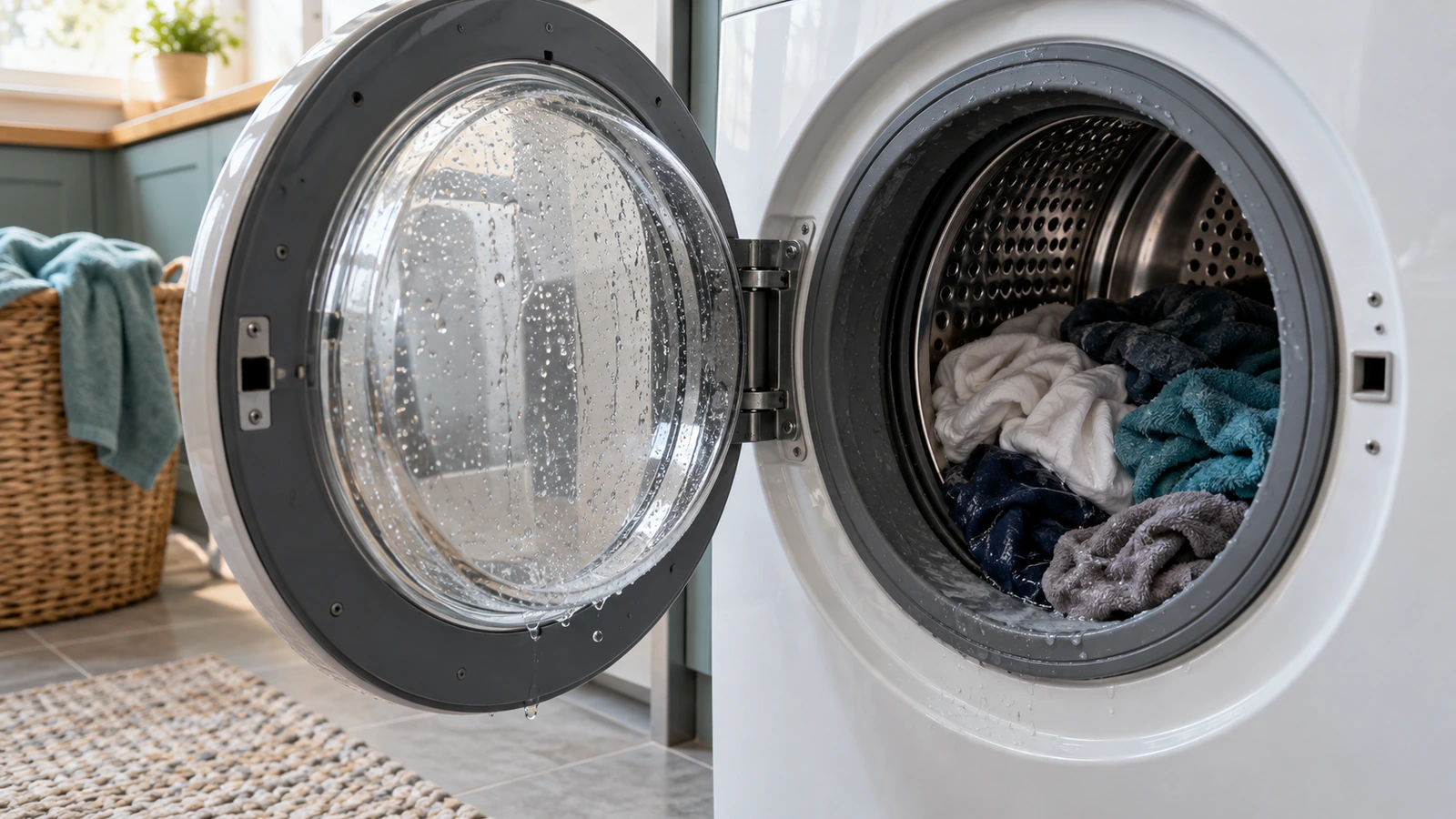 Soaked laundry and water droplets in a stopped front-load washer