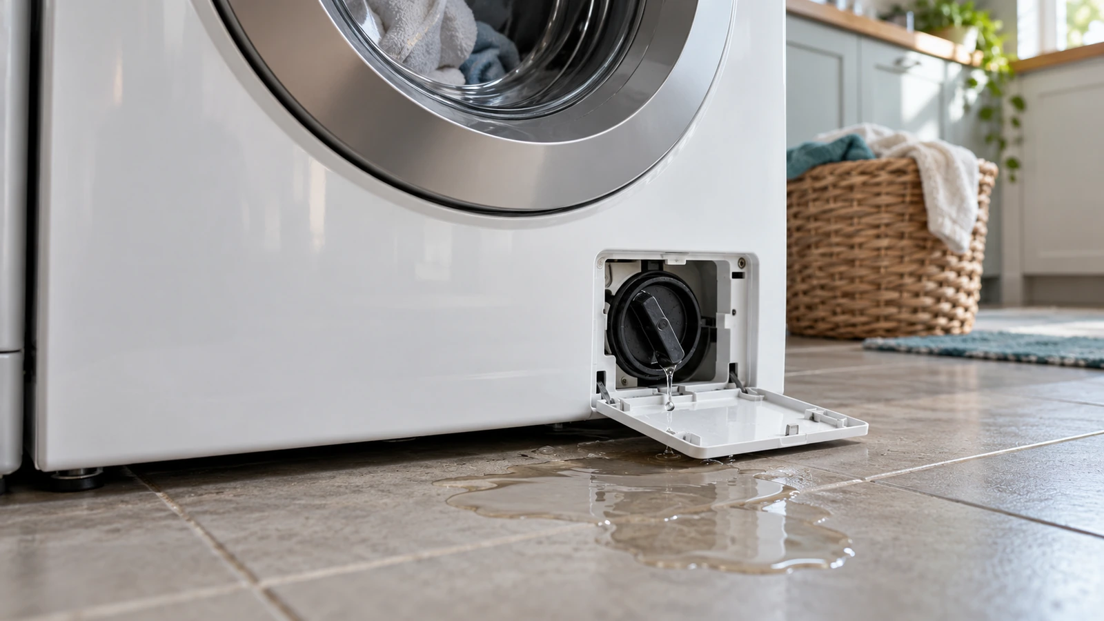 Water dripping from a washing machine pump filter cap