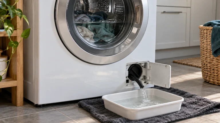 Washer emergency drain tube emptying into a shallow tray