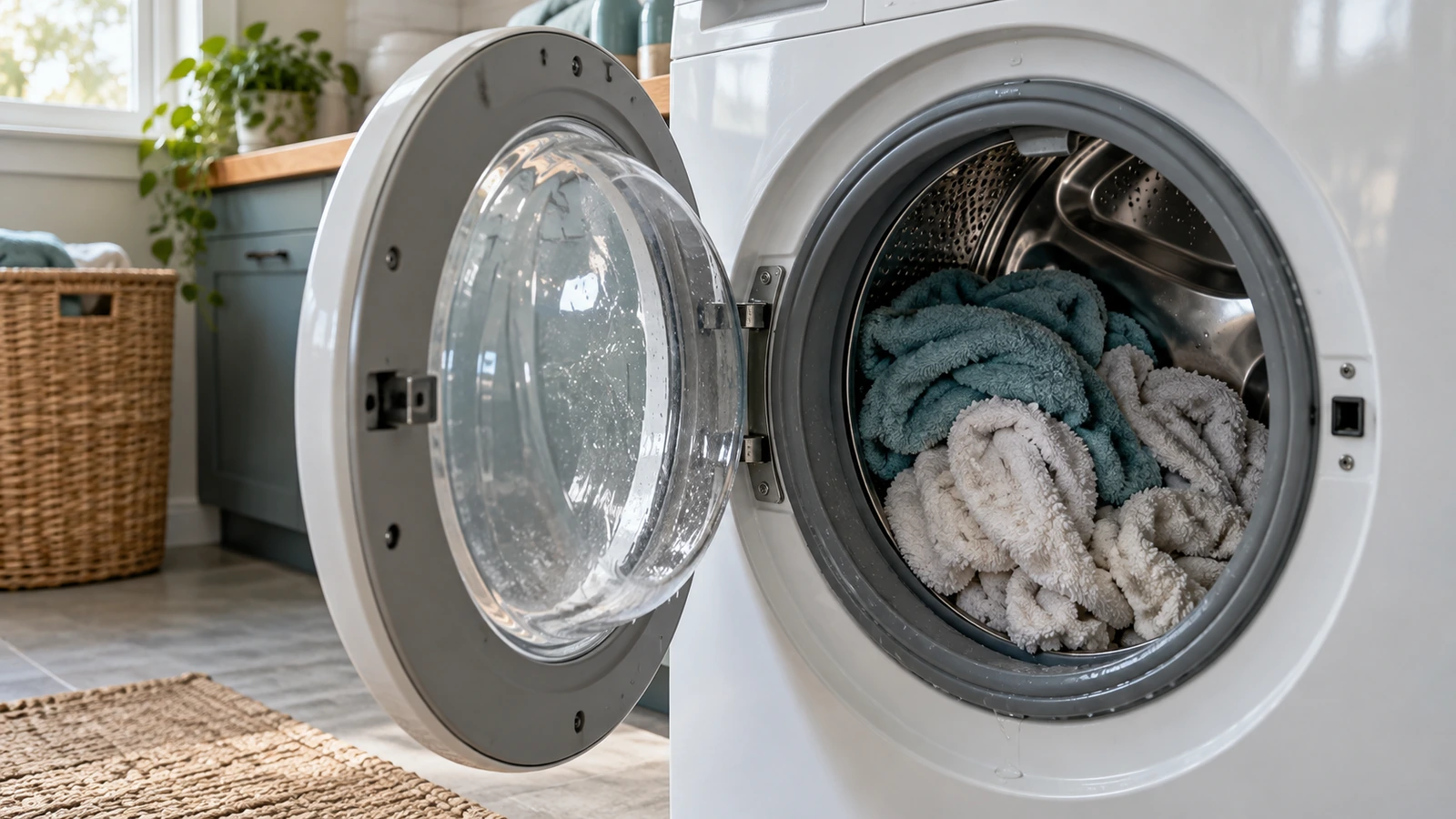 Wet towels clumped on one side of a washer drum