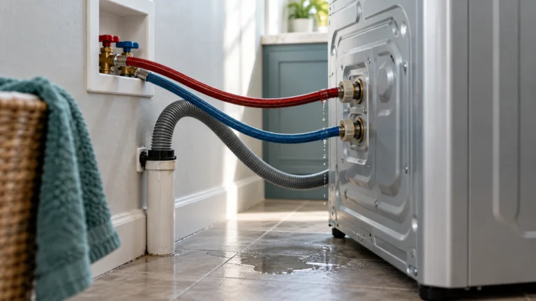 Water beneath exposed washing machine hose connections