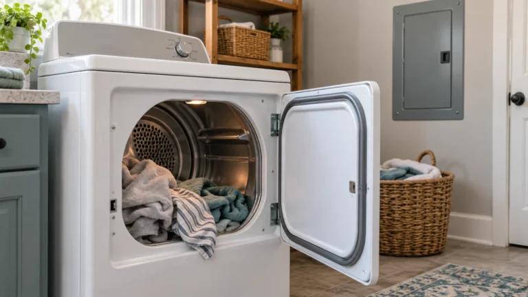 Rear-console dryer with damp laundry and a nearby breaker panel