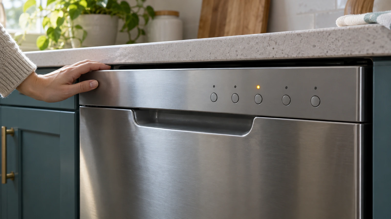 Dishwasher status light with a hand beside the control panel