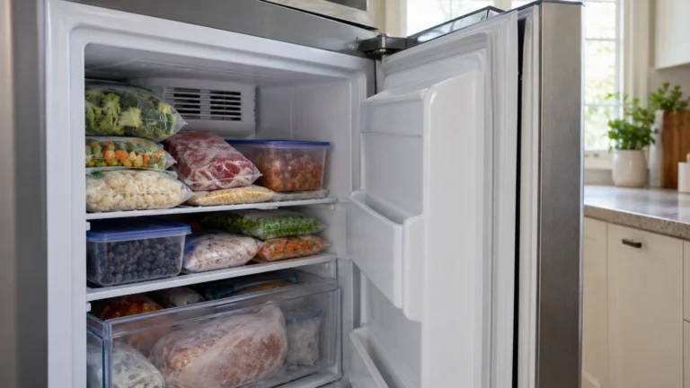 Packed freezer food blocking air vents beside a gapped door seal