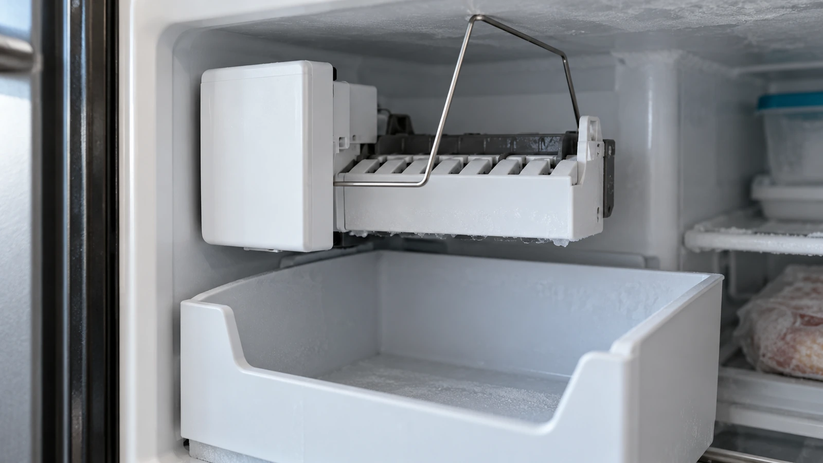 Raised ice maker shutoff arm above an empty freezer ice bin