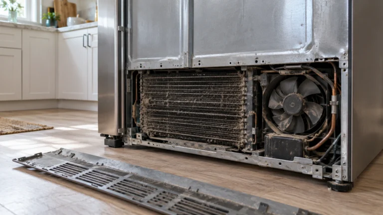 Condenser fan and dusty coils behind a refrigerator access panel