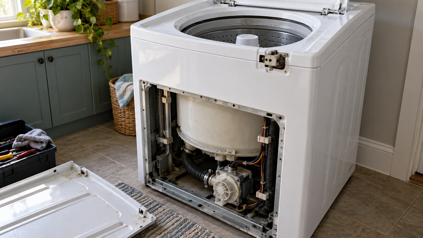 Lid lock and drain pump visible on an opened top-load washer