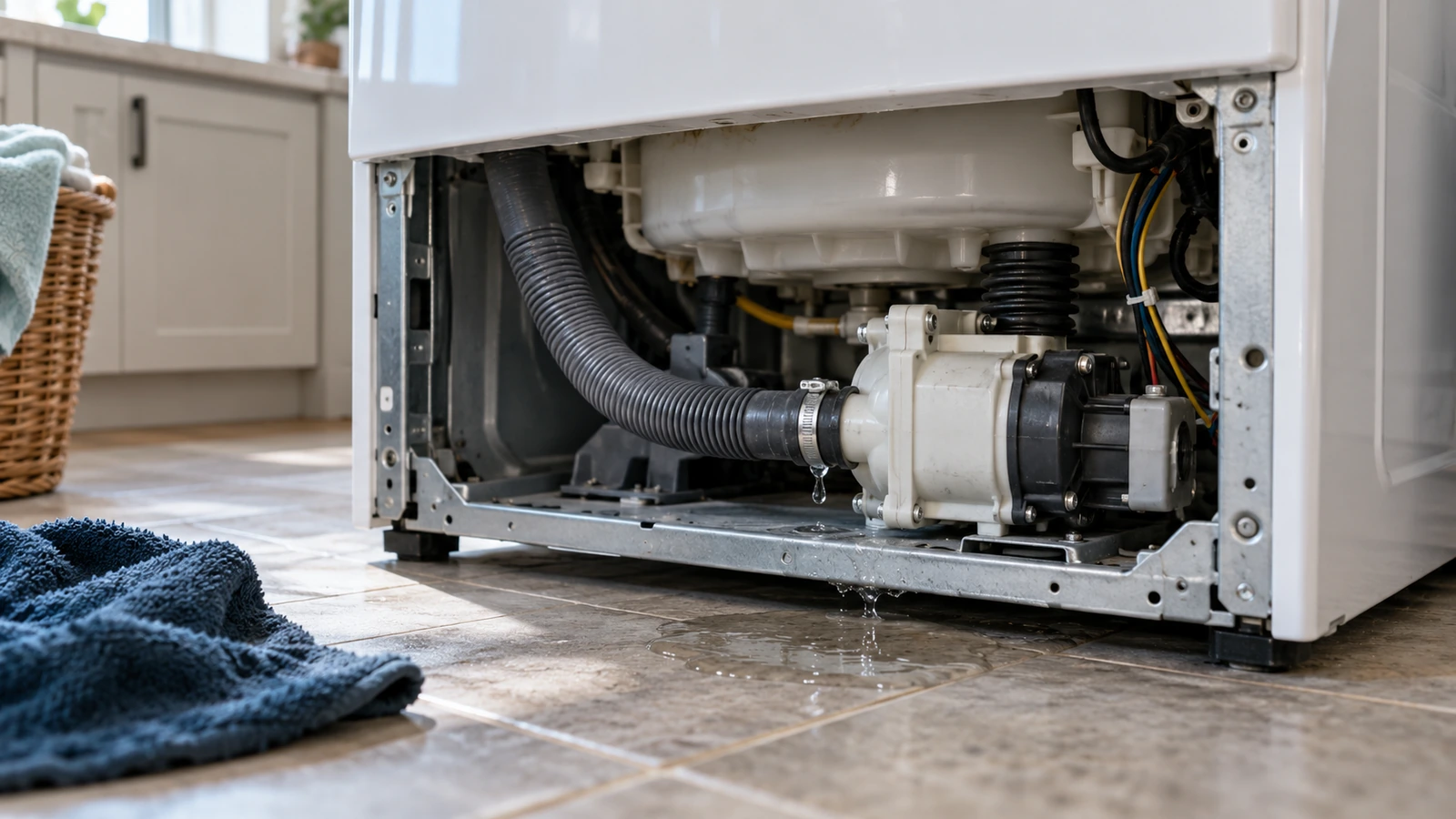 Puddle beneath a top-load washer and dripping pump hose connection
