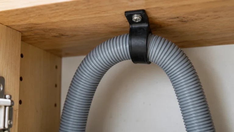 Mounting strap securing a dishwasher drain hose high loop beneath a countertop