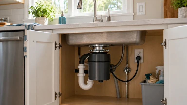 Garbage disposer power cord and outlet inside an open sink cabinet