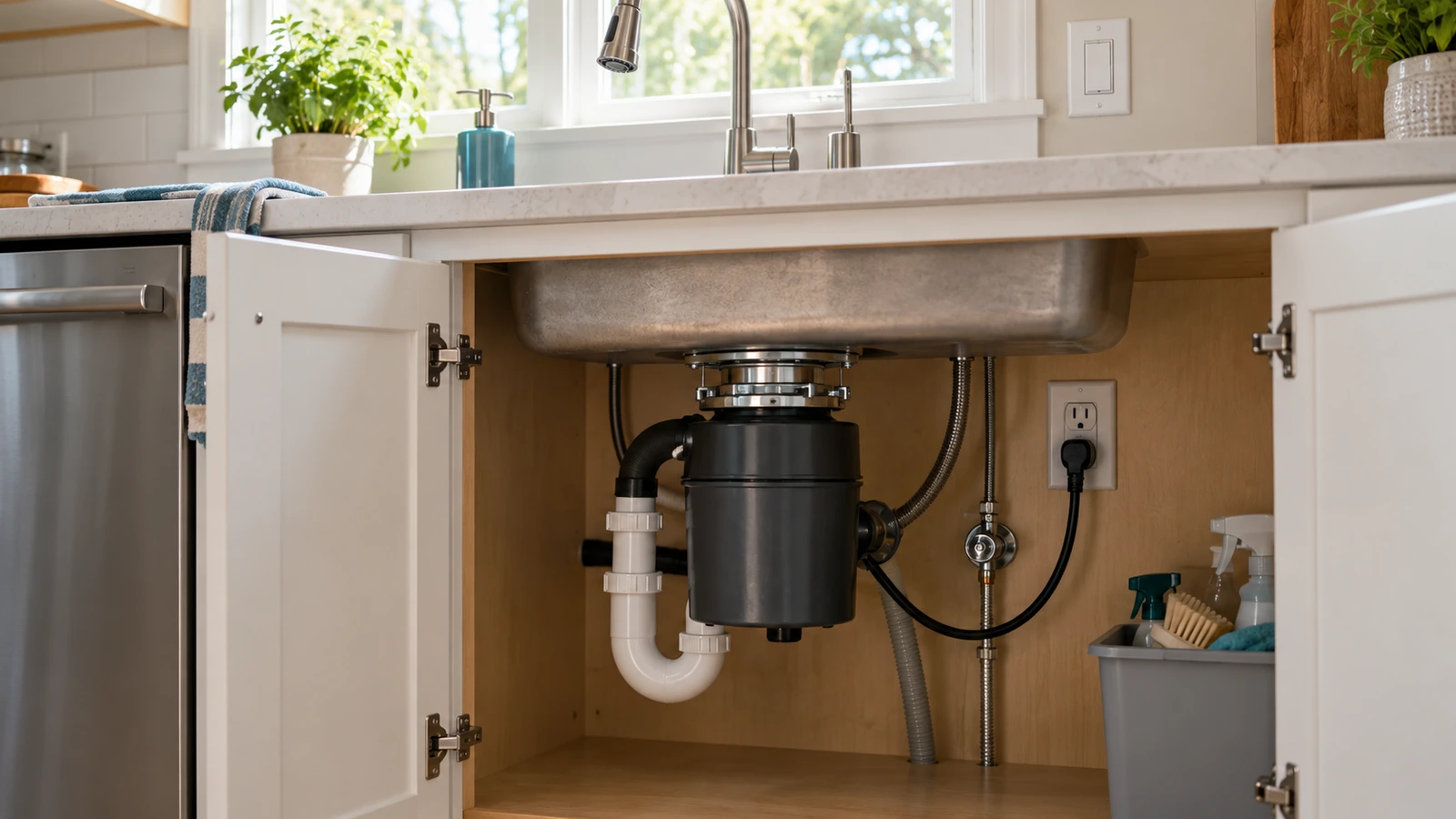 Garbage disposer power cord and outlet inside an open sink cabinet